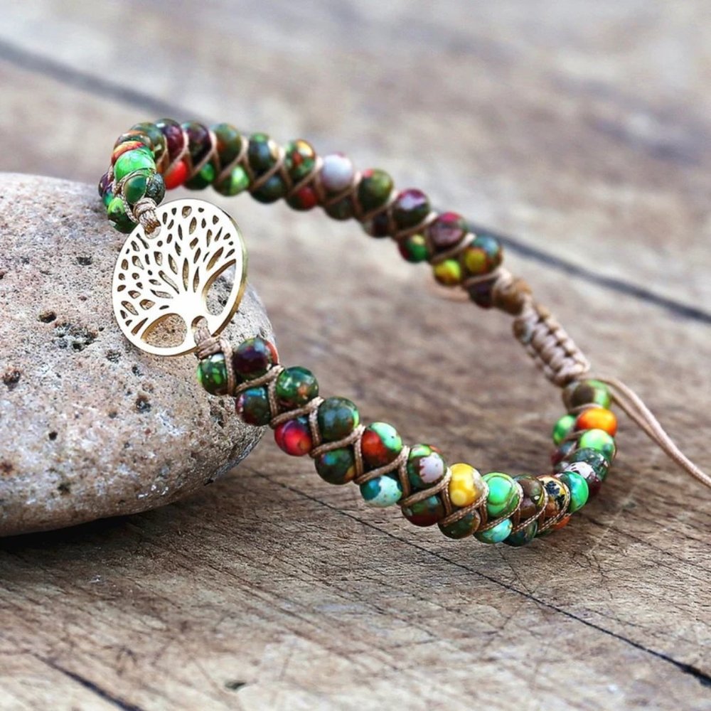 Natural African Stone Bead Bracelet & Bangle with Tree of Life Braided Charm